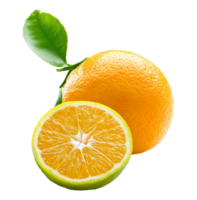 Freshly cut orange with green leaf resting on a white surface, transparent png
