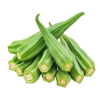 Fresh green okra pods stacked neatly on a white background, transparent png