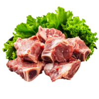 Fresh raw meat surrounded by leafy greens on a white background, transparent png