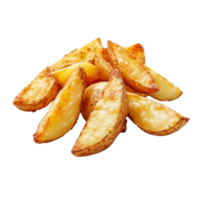 Crispy golden potato wedges served on a white background, transparent png