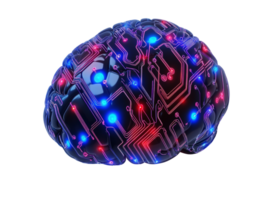 Digital brain model with circuit patterns glowing in red and blue, transparent png