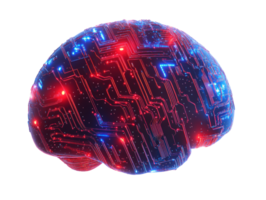 Glowing circuitry design of an AI brain visualization, transparent png