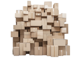 Stacked cardboard boxes in a warehouse setting during daylight, transparent png