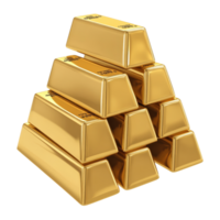 Stack of gleaming gold bars arranged in a pyramid shape, transparent png