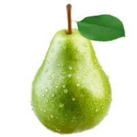 Fresco verde Pera con gotas en sus superficie y un hoja, transparente png