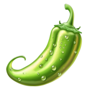 Fresh green chili pepper with water droplets on a white background, transparent png