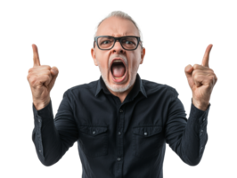 Man expressing frustration with raised hands in a bright setting, transparent png
