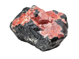 Bright red mineral with black matrix found in natural setting, transparent png