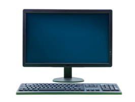 Computer monitor and keyboard setup on a plain white background, transparent png