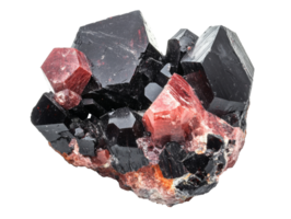 Stunning mineral specimen with red and black crystals, transparent png