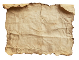 Aged parchment paper with torn edges lying on a flat surface, transparent png