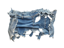 Torn denim fabric with frayed edges displayed on a white background, transparent png