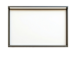 Retractable projection screen mounted on a sturdy frame indoors, transparent png