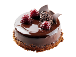 Decadent chocolate cake topped with raspberries and chocolate curls, transparent png