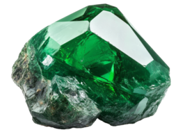 Natural emerald crystal with vivid green color and sharp facets, transparent png