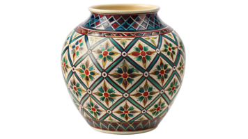 Decorative ceramic vase with intricate patterns and floral designs, cut out transparent png