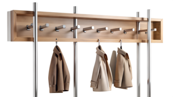 Chic coat rack in wood and metal holds several jackets, cut out transparent png