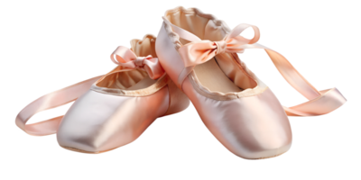 Ballet slippers resting on a soft surface with delicate ribbons, cut out transparent png