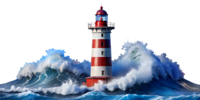 Red and white lighthouse amidst crashing waves under bright sky, cut out transparent png
