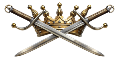 Crossed swords and a crown symbolizing power and nobility in battle, cut out transparent png