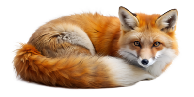 Elegant red fox curled up on a white background in a relaxed pose, cut out transparent png