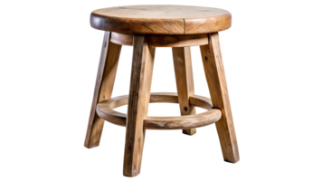 Simple wooden stool with round seat and sturdy legs on display, cut out transparent png