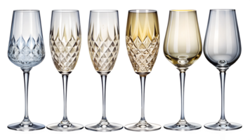 Elegant display of various wine glasses in diverse designs and shapes, cut out transparent png