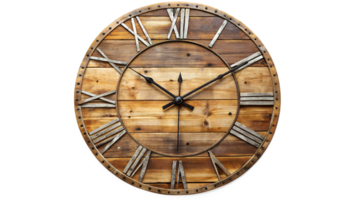 Rustic wooden wall clock with Roman numerals in warm tones, cut out transparent png