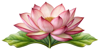 Beautiful pink lotus flower bloom with green leaves in springtime, cut out transparent png