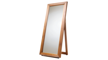 Full-length wooden mirror with a sleek design in a bright room, cut out transparent png