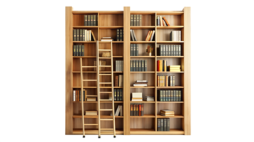 Modern wooden bookshelf with ladder in a cozy home library setup, cut out transparent png