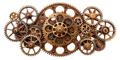 Intricate arrangement of vintage gears and cogs on a white background, cut out transparent png