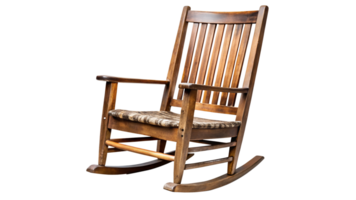 Classic wooden rocking chair with cushioned seat in cozy setting, cut out transparent png