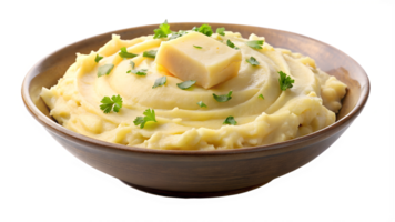 Creamy mashed potatoes served in a rustic bowl transparent png