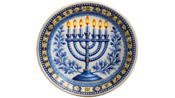Traditional menorah displayed on decorative plate transparent png