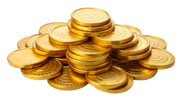 A pile of shiny gold coins stacked together transparent png