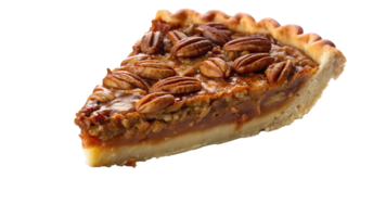 Freshly baked pecan pie slice with nuts on top transparent png