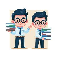cheerful librarian with glasses and a stack of books vector