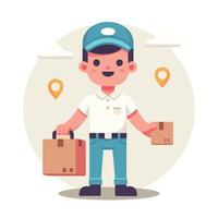 friendly delivery person with a cap and carrying a package vector