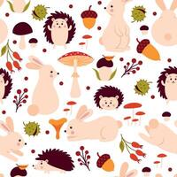 Seamless pattern with rabbits and hedgehogs vector