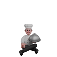 3D Professional Chef Character. A chef is sitting cross-legged on the floor while holding a silver tray with a food cover png