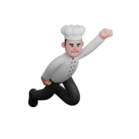 Chef's Daily Routine in 3D. A chef is posing like a superhero, with one knee on the ground and one hand raised forward as if flying. Male Cartoon png