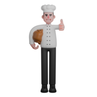 3D Culinary Character. A chef is holding a roasted chicken in one hand while giving a thumbs-up with the other hand png