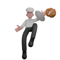 Male Chef in Kitchen Setting. A chef is seen falling and dropping roast chicken from the plate. 3D Character png