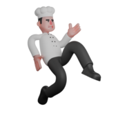 3D Male Chef Character. A chef appears to be floating in the air with an unbalanced body position. Culinary Professional png