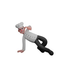 3D Professional in Culinary. A chef poses in a nearly reclining position, with one hand supporting his body on the floor while the other hand points forward. Male Chef png