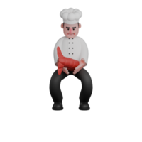 Professional 3D Male Chef. A chef is holding a large shrimp with both hands. Culinary Character png