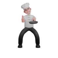 3D Male Chef. A chef is standing in a ready-to-cook stance while holding a frying pan and giving a thumbs-up as a sign of approval or satisfaction. Professional Culinary Character png