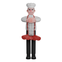 Professional Chef in 3D. A chef is hugging a big shrimp with both hands png