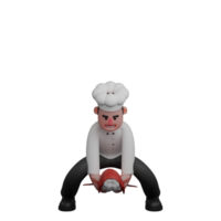 Male Chef Professional Character. A chef is bending forward with determination, holding a giant shrimp in both hands carefully png